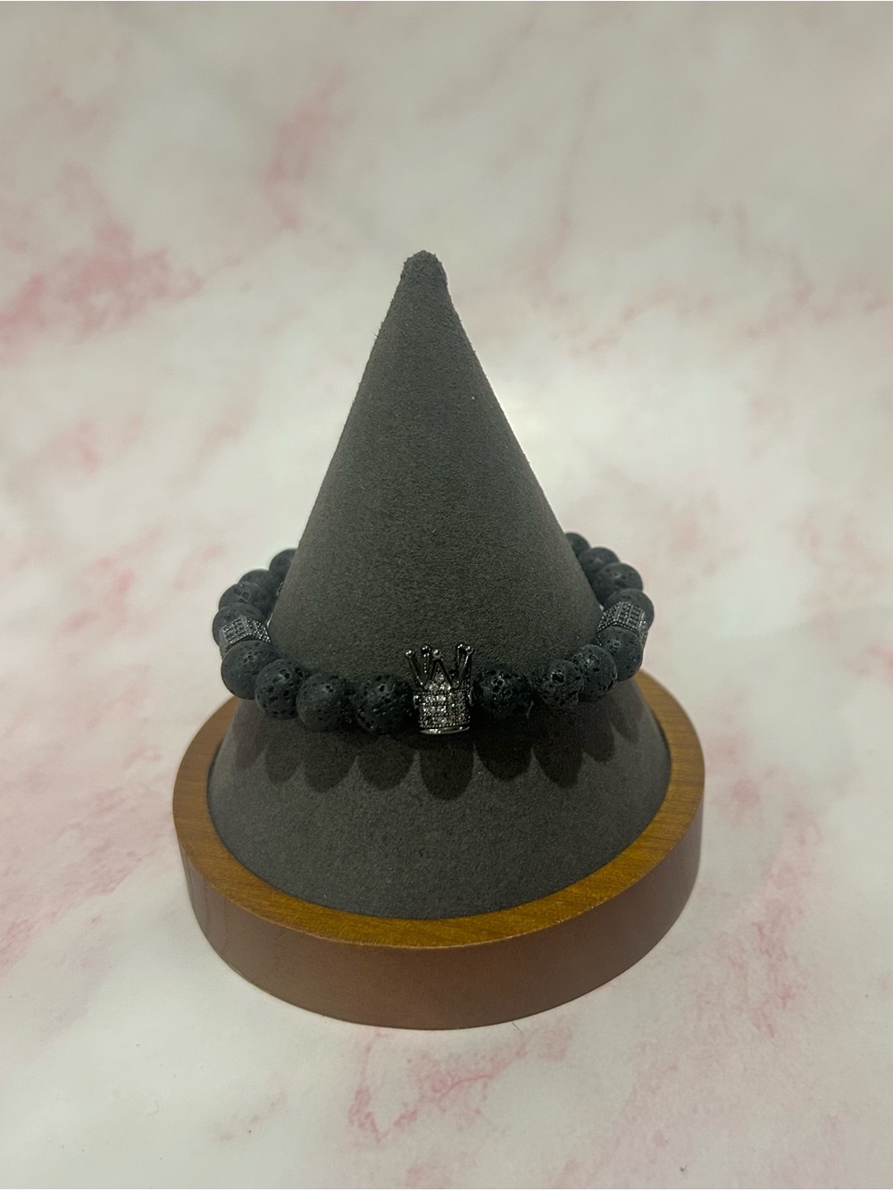 Black Lava Bead Bracelet with Crown Accent
